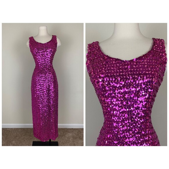 Size Medium | Vintage 60s 1960s Sequined Fuchsia Barbie Pink Bombshell Dress - Picture 1 of 8